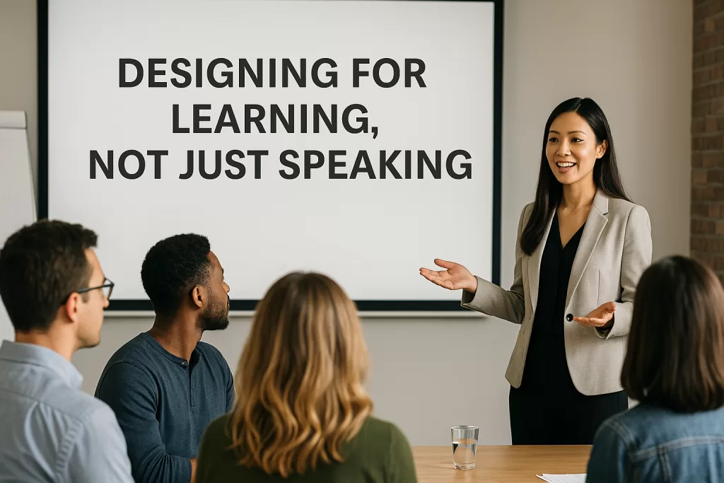 Professional Filipino woman delivering a keynote talk on stage to a corporate audience, focusing on learning-centered speaking and impactful communication.