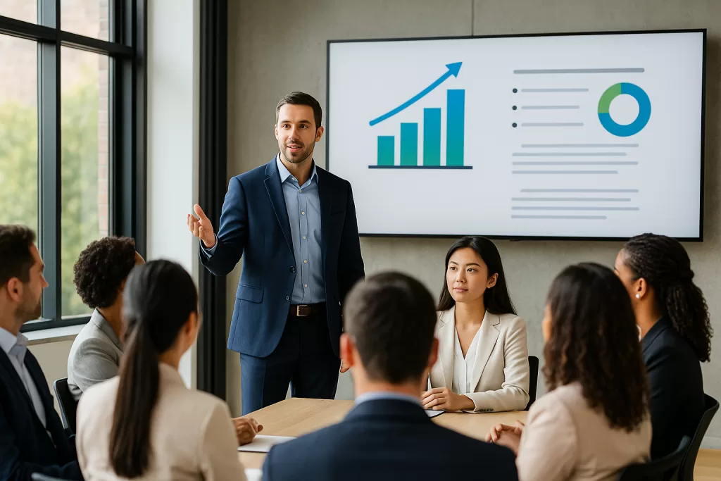 A professional Filipino speaker presenting on stage at a corporate conference, engaging a business audience in a modern event venue in the Philippines