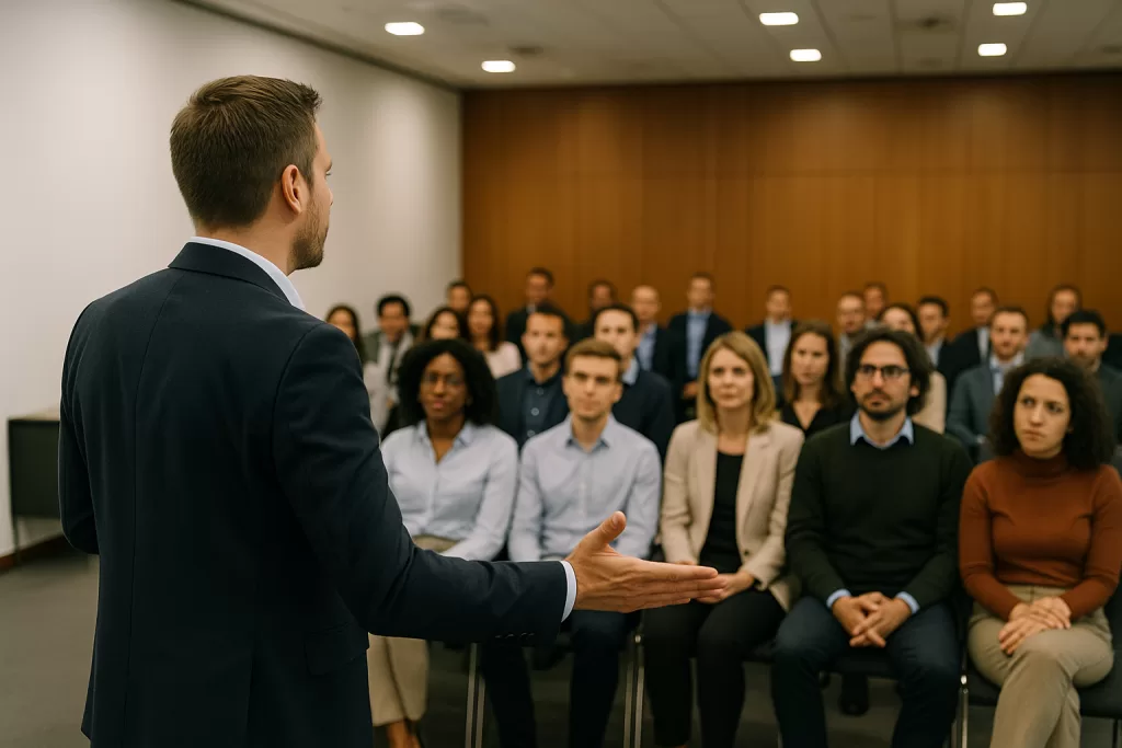 A professional speaker presenting on stage to a corporate audience in a modern Philippine event venue, engaging participants in a high-impact internal event.