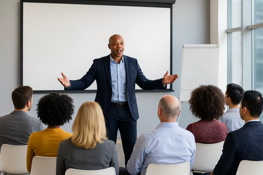 A professional speaker engaging a Filipino corporate audience during a business conference in a modern event venue, symbolizing impactful speaker-led learning.